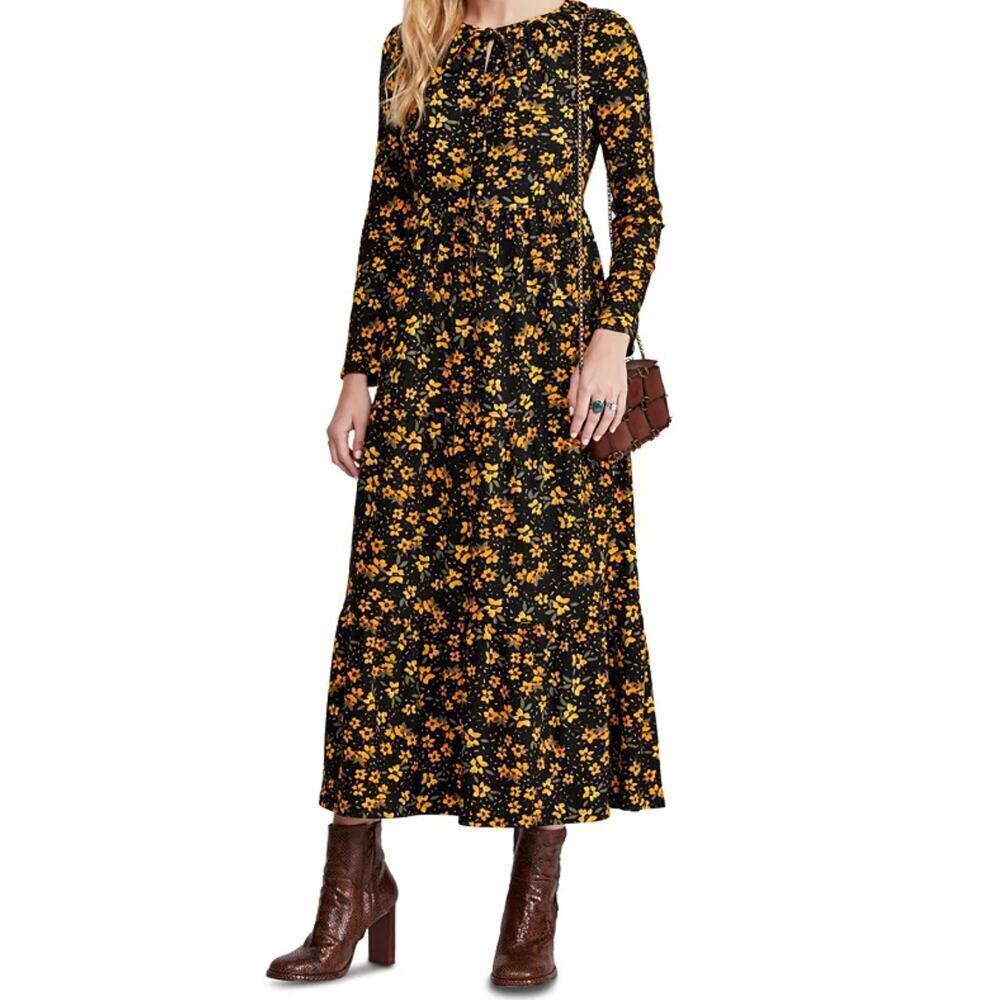 Free People tiers of joy midi black/yellow floral dress boho